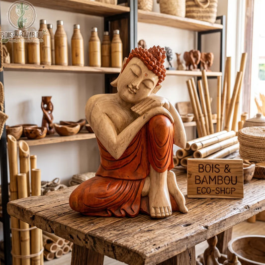 Statue de Bouddha penseur en bois de Suar, 30 cm, sur une table en bois brut devant des étagères garnies