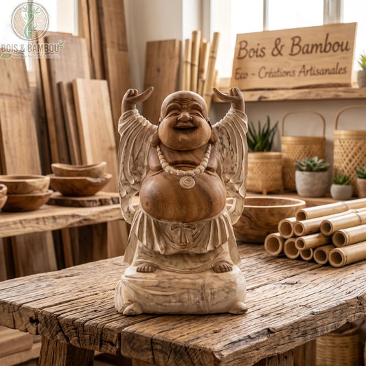 Statue de Bouddha rieur aux bras levés en bois de Suar blanchi, 40 cm, sur une table près de bols et de bambous