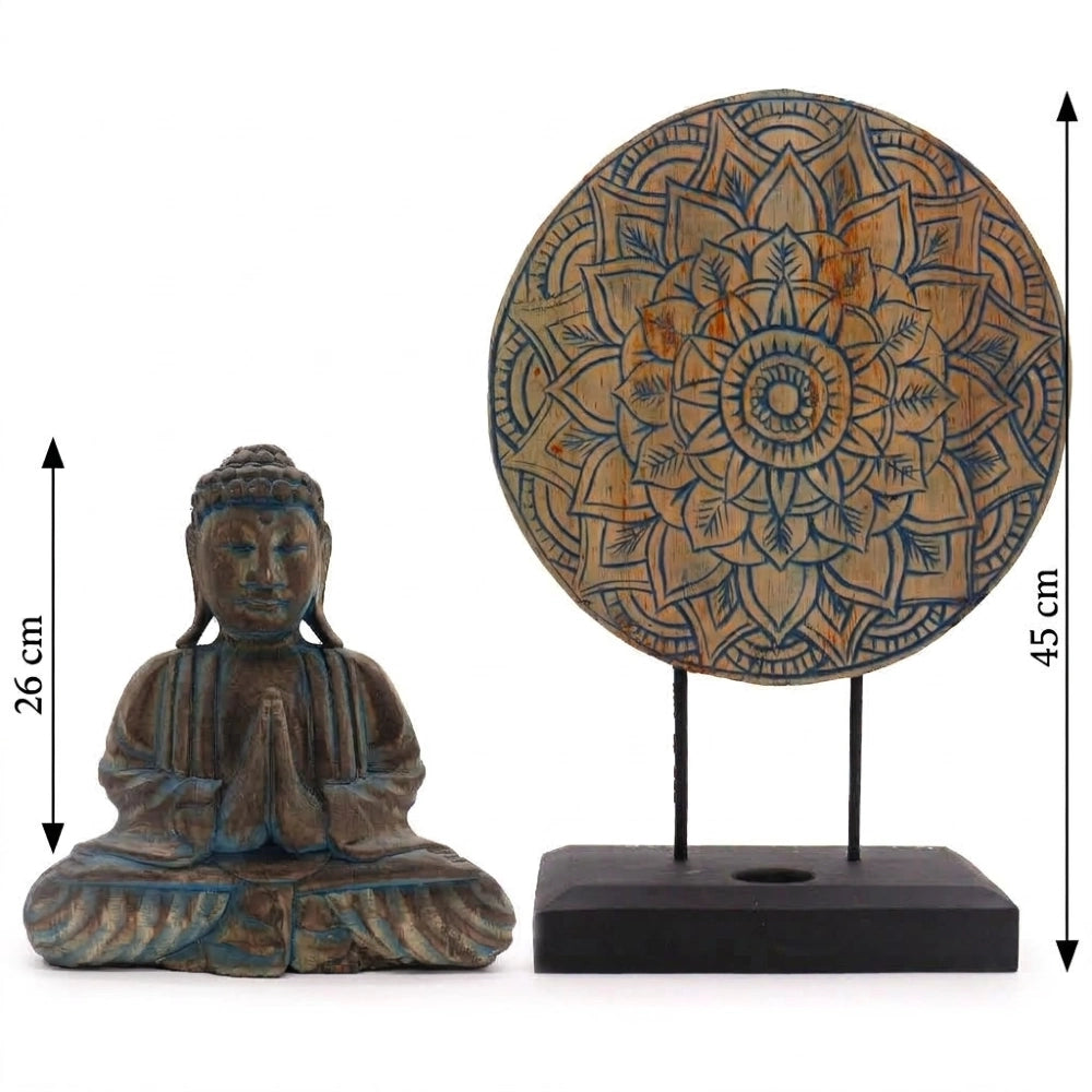 Statue de Bouddha et symbole Mandala en bois d'albasia bleu, schéma des dimensions