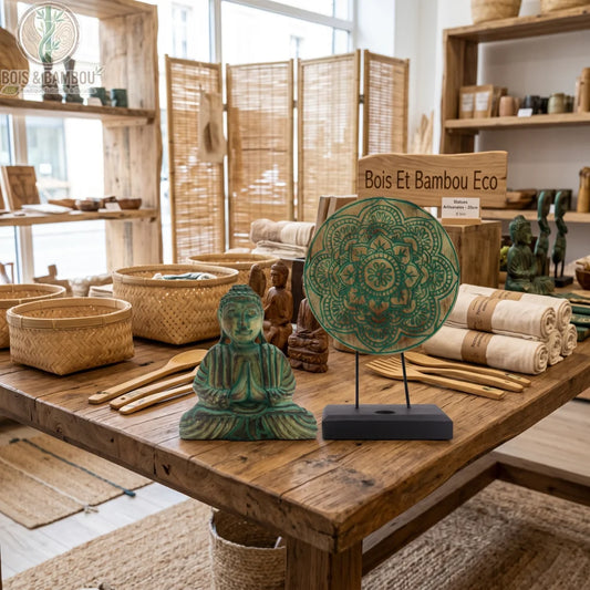 Statue de Bouddha et symbole Mandala en bois d'albasia vert, posés sur une table en bois dans une boutique de déco naturelle