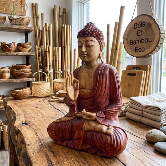 Statue de Bouddha assis en bois de Suar naturel, 30 cm, main levée, sur une grande table en bois brut