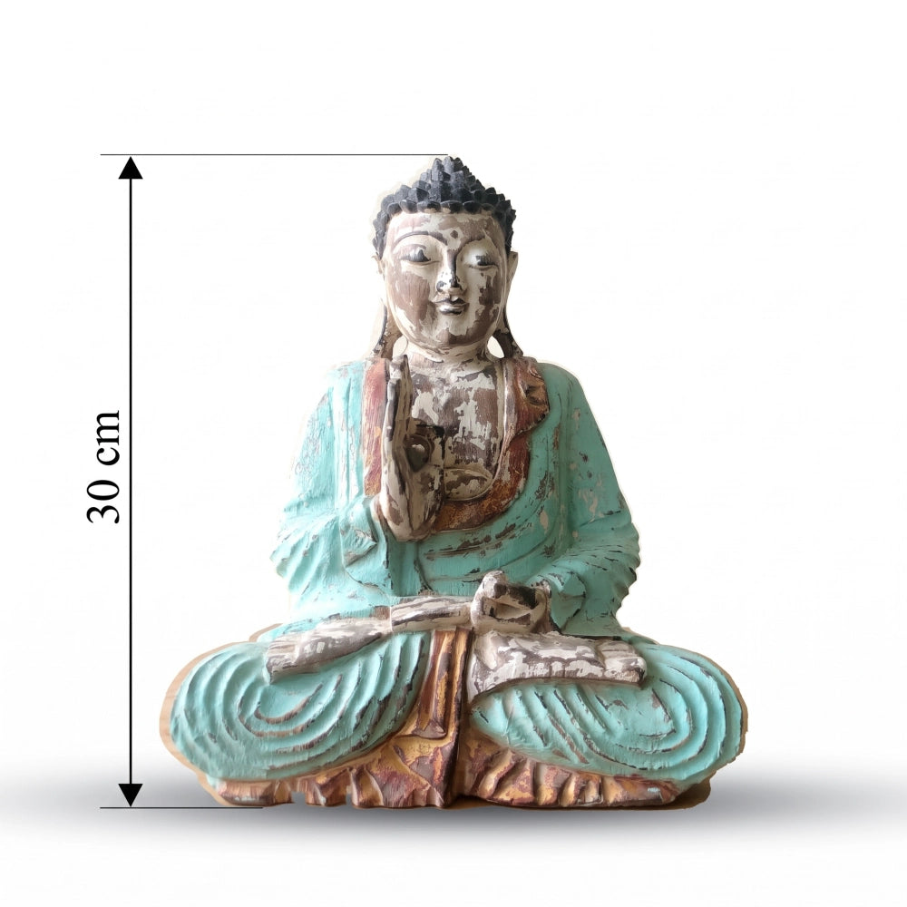 Statue de Bouddha assis vintage menthe en bois de Suar, schéma des dimensions de 30 cm de haut