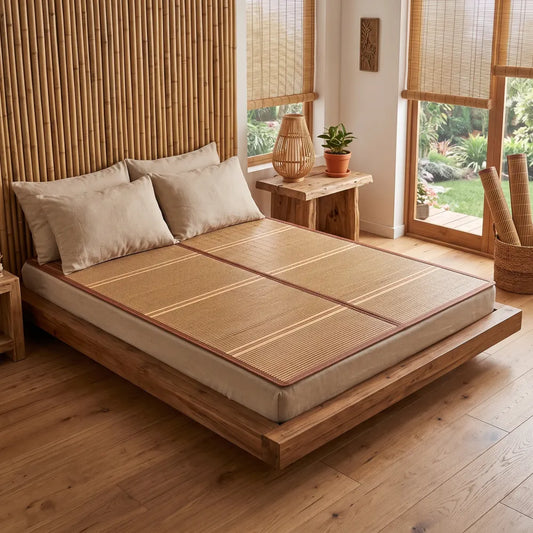 Tapis de lit bambou grand lit finition natte dorée installé sur un lit double