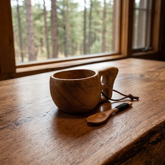 Tasse en bois style kuksa avec anse et cuillère en bois assortie