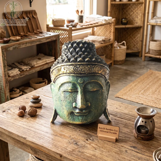 Tête de Bouddha verte en bois d'albasia, 25 cm, posée sur une table en bois dans une boutique de déco naturelle