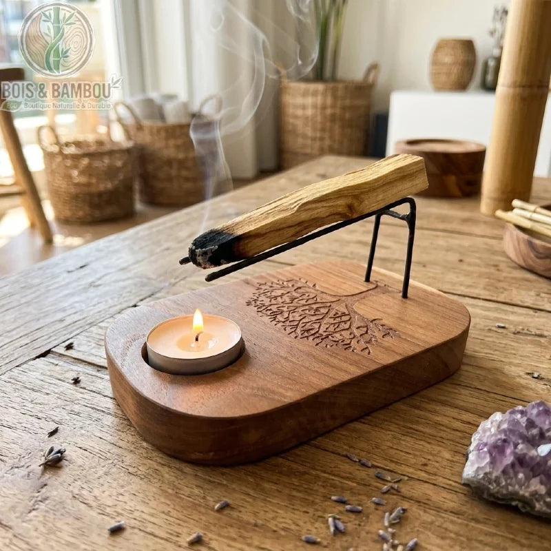 Brûleur Palo Santo en bois de teck motif Arbre de Vie, avec un bâton de palo santo naturel