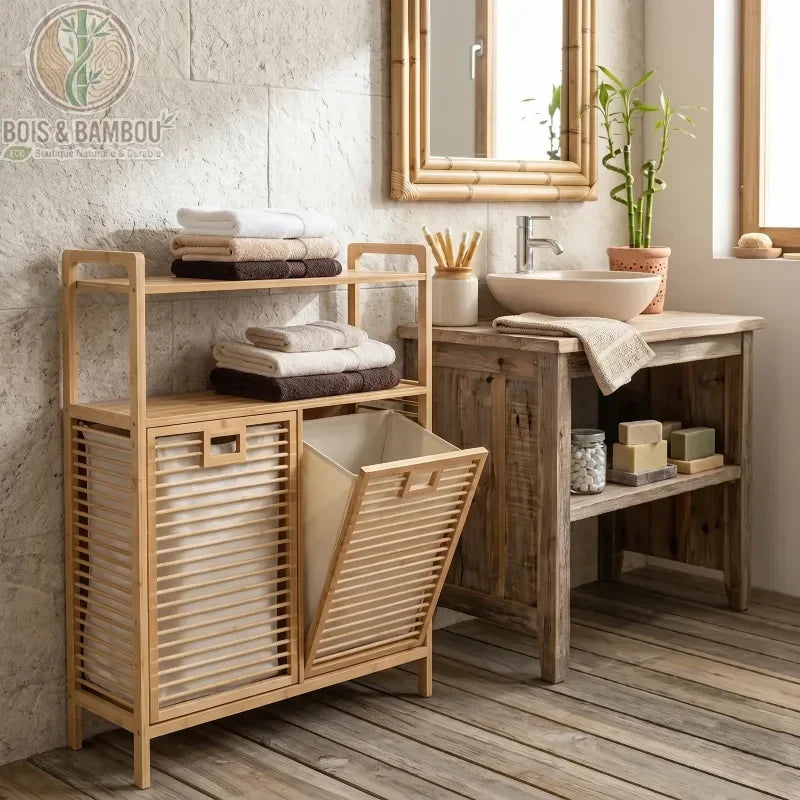 Accessoires salle de bain en bambou naturel, brosse a dents porte-savon peigne tapis et panier a linge zen - Bois et Bambou Eco