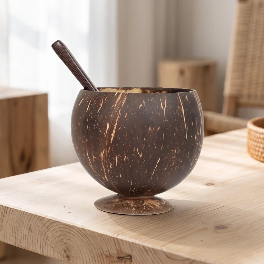 Bol en noix de coco sur pied posé sur une table en bois brut, avec cuillère en mise en scène