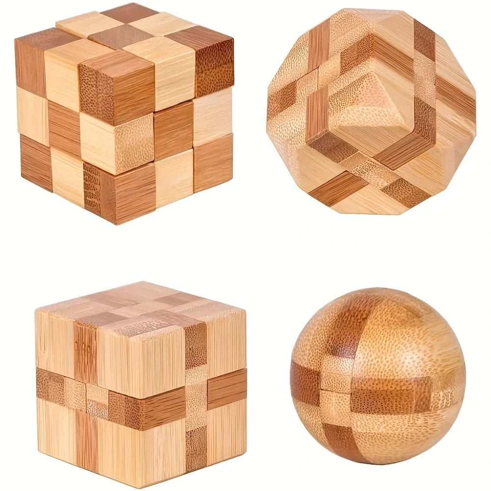 Jeux en bambou naturel, casse-têtes chinois en bambou en forme de cube, polyèdre et boule