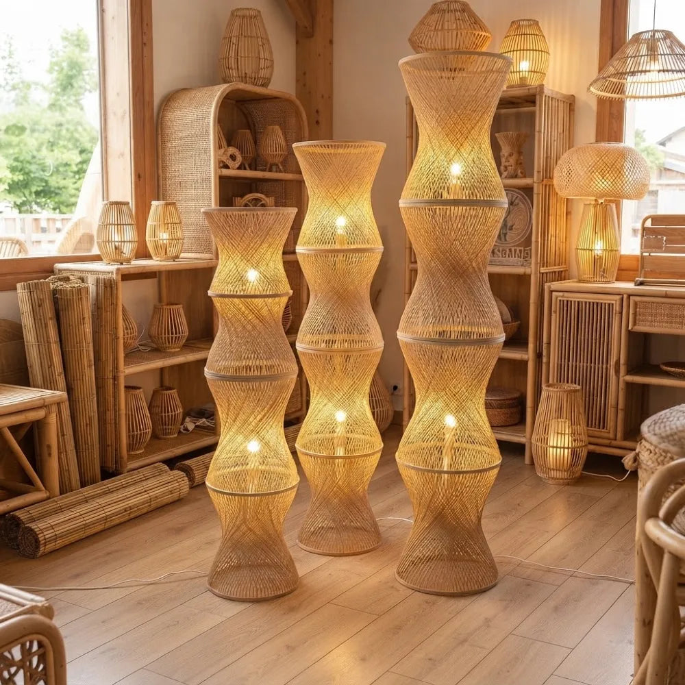 Lampes et lampadaires en bambou tressé allumés dans un salon