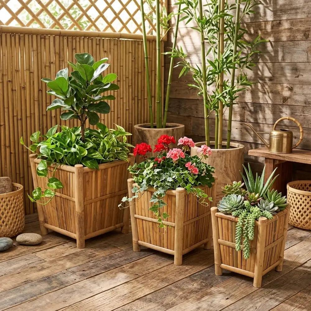 Jardinières en Bambou situation. Trois jardinières carrées en bambou de tailles différentes disposées sur une terrasse en bois devant une clôture en bambou tressé, plantées de ficus, géraniums roses et rouges et succulentes.