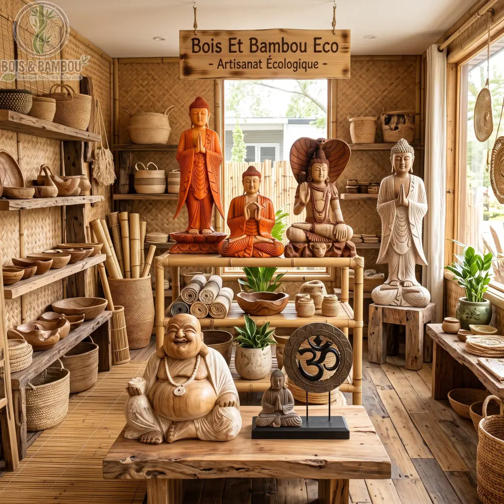 Statues de Bouddha en bois sculptées à la main, Bouddha rieur, Bouddhas assis et debout, dans une boutique de déco naturelle