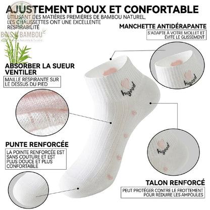 Chaussettes en bambou femme courtes portées, maille claire à petits pois