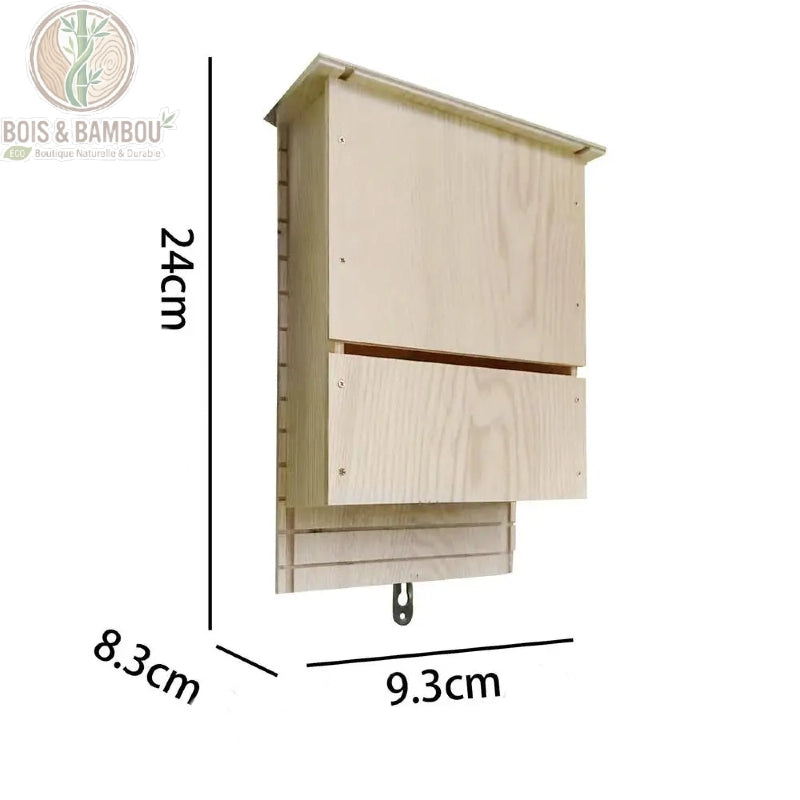 Schéma dimensions abri chauve-souris bois clair 24 x 9,3 x 8,3 cm avec patte de fixation