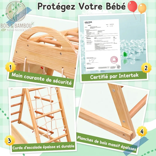 Détails de la structure escalade en bois : main courante, cordes et planches massives