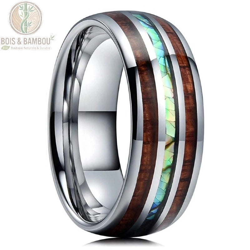 Détail incrustation bois koa sur acier brossé 8mm
