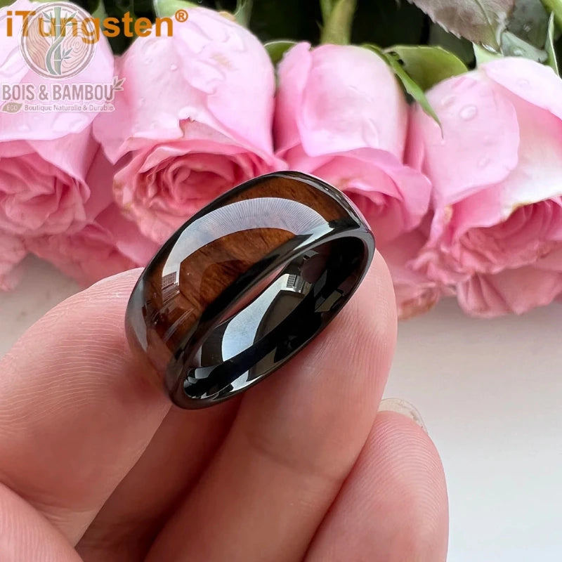 Alliance tungstène bois foncé bombée polie coloris noir