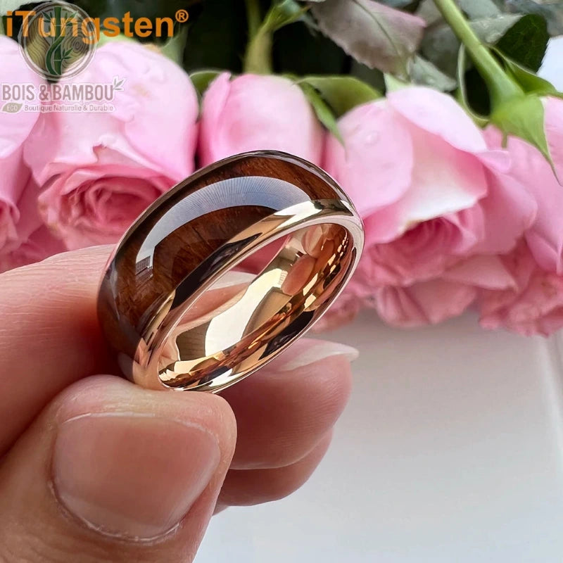 Alliance tungstène bois foncé bombée polie coloris or rose