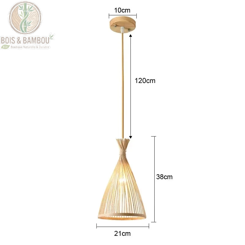 Suspension bambou conique inversée avec schéma dimensions 21 x 38 cm