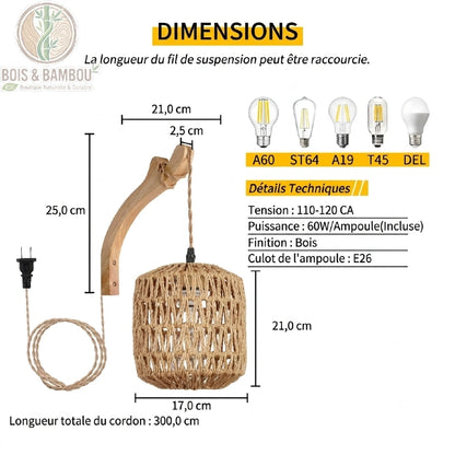 Schema dimensions applique bambou bras 21x25 cm abat-jour 17x21 cm cordon 300 cm