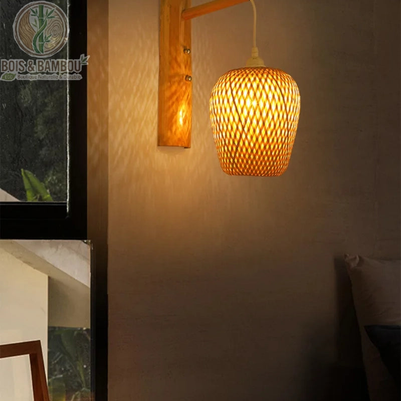 Applique murale bambou tressé ovale serré, abat-jour naturel style asiatique, lumière chaude