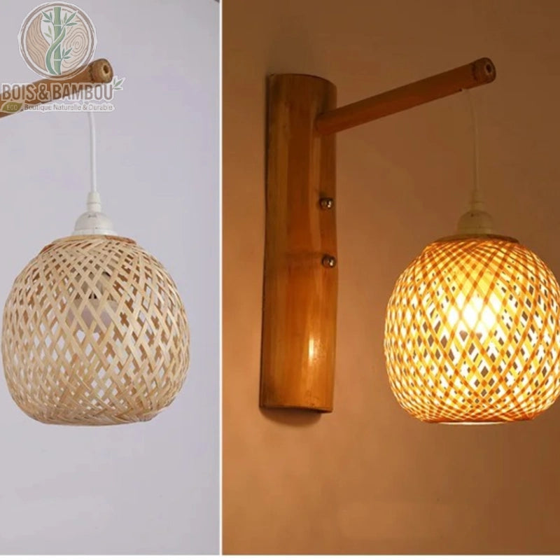 Applique murale bambou sphère ajourée tressée main, jeux d'ombre style japonais