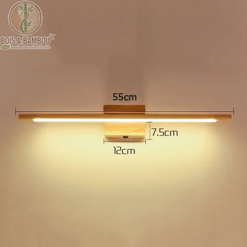Dimensions applique murale bois massif LED : 55 cm de long, support 12 x 7,5 cm