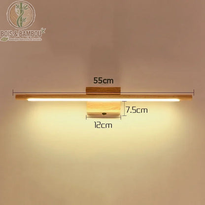 Dimensions applique murale bois massif LED : 55 cm de long, support 12 x 7,5 cm