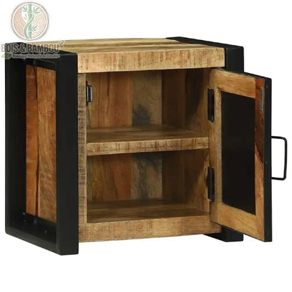 Armoire Murale en Manguier ouverte. Meuble industriel en bois de manguier avec cadre en métal noir, porte ouverte révélant deux compartiments de rangement internes spacieux.
