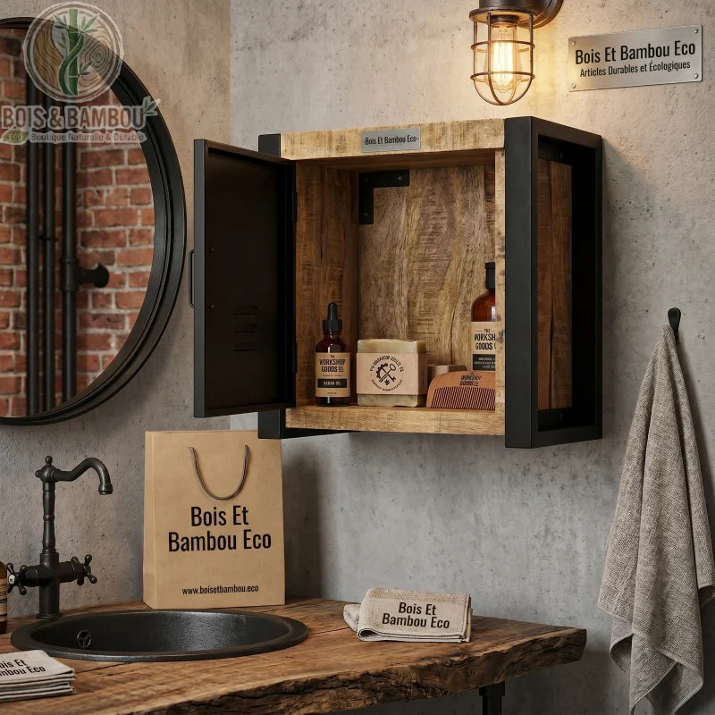 Armoire Murale en Manguier : meuble industriel robuste alliant bois massif et métal noir. Design compact avec porte style casier, parfait pour un rangement élégant et naturel. Dans une salle de bain retro 