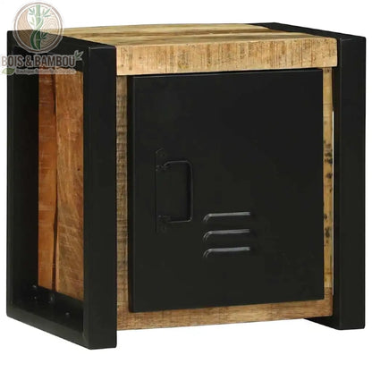 Armoire Murale en Manguier : meuble industriel robuste alliant bois massif et métal noir. Design compact avec porte style casier, parfait pour un rangement élégant et naturel.