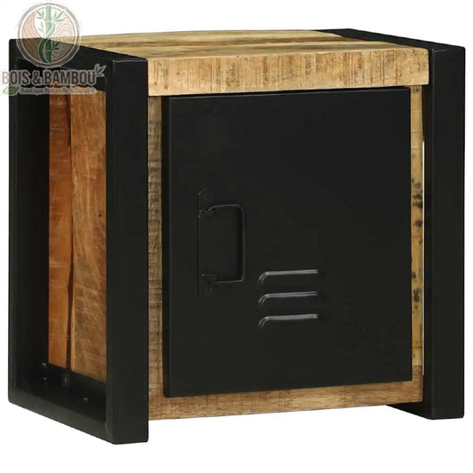 Armoire Murale en Manguier : meuble industriel robuste alliant bois massif et métal noir. Design compact avec porte style casier, parfait pour un rangement élégant et naturel.