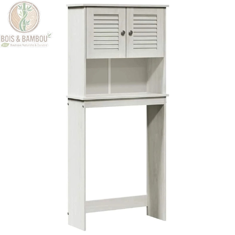 Armoire Vigo en Pin Massif : meuble de rangement blanc pour WC ou machine à laver avec portes à persiennes et étagère ouverte. Gain de place pratique et élégant en bois véritable.