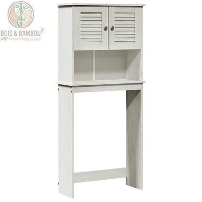 Armoire Vigo en Pin Massif : meuble de rangement blanc pour WC ou machine à laver avec portes à persiennes et étagère ouverte. Gain de place pratique et élégant en bois véritable.