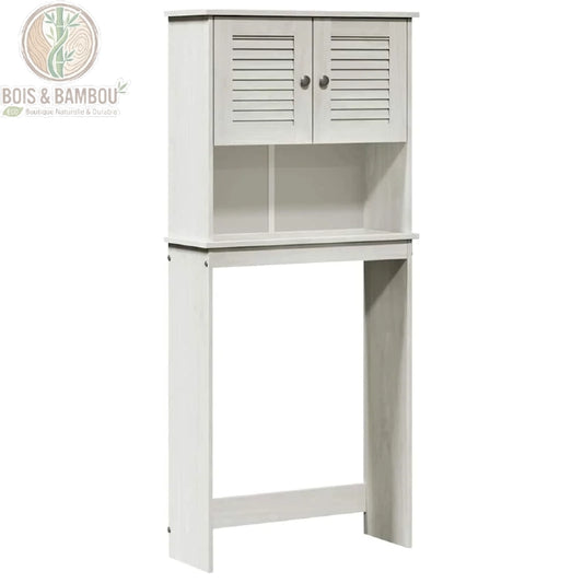 Armoire Vigo en Pin Massif : meuble de rangement blanc pour WC ou machine à laver avec portes à persiennes et étagère ouverte. Gain de place pratique et élégant en bois véritable.