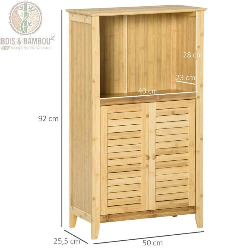 Armoire de salle de bain en bambou dimensions. Infographie présentant une hauteur de 92 cm, une largeur de 50 cm et une profondeur de 25,5 cm pour ce meuble avec étagère ouverte et placard.