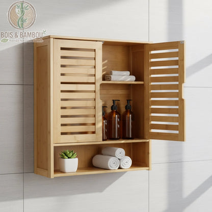 Armoire de salle de bain murale en bambou. Un meuble suspendu en bois clair avec portes persiennes, une étagère ouverte basse et des compartiments internes garnis de serviettes et flacons.