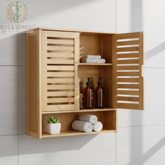 Armoire de salle de bain murale en bambou. Un meuble suspendu en bois clair avec portes persiennes, une étagère ouverte basse et des compartiments internes garnis de serviettes et flacons.