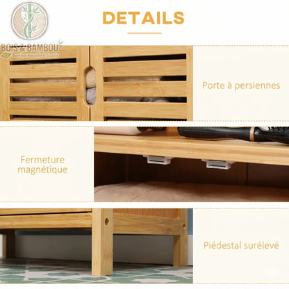 Armoire etagere de salle de bain en bambou descriptif 2. Infographie montrant les détails : porte à persiennes, fermeture magnétique et piédestal surélevé pour une meilleure protection contre l'humidité.