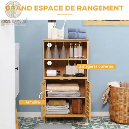 Armoire etagere de salle de bain en bambou descriptif. Meuble haut montrant 2 étagères ouvertes pour produits de soin et un placard bas avec serviettes, offrant un grand espace de rangement.