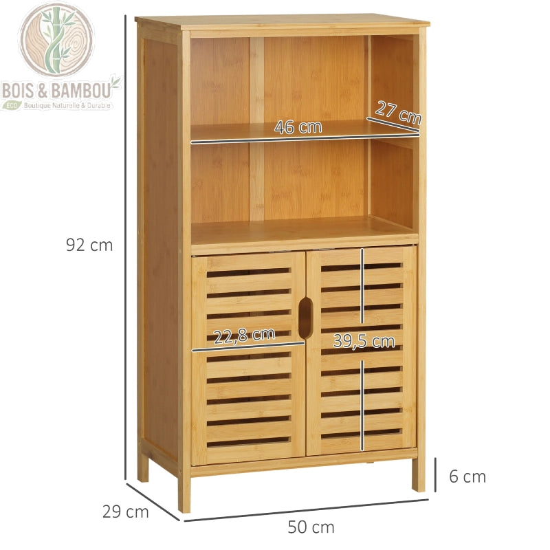 Armoire etagere de salle de bain en bambou dimensions. Infographie détaillant une hauteur de 92 cm, une largeur de 50 cm et une profondeur de 29 cm pour ce meuble avec étagères et placard à lattes.