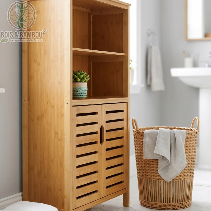 Armoire etagere de salle de bain en bambou situation. Meuble haut en bambou avec étagères ouvertes et placard à lattes, accompagné d'un panier à linge en osier dans une salle de bain lumineuse.