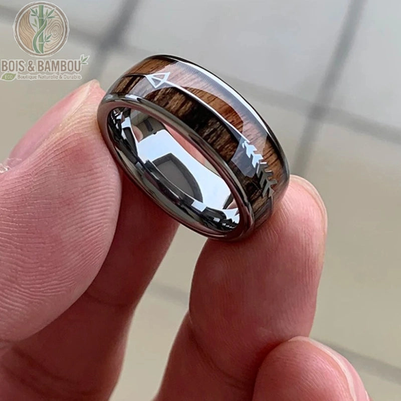 Bague tungstène bois flèche mariage coloris argent 8mm