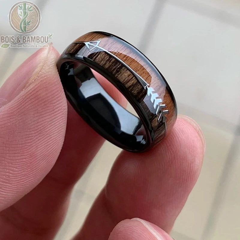 Bague tungstène bois flèche mariage coloris noir 8mm