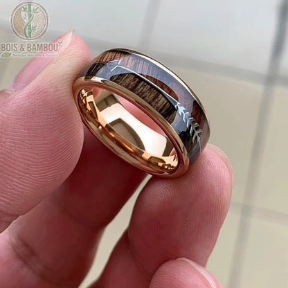 Bague tungstène bois flèche mariage coloris or rose 8mm