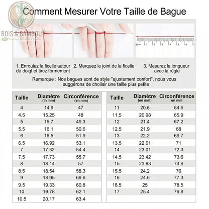 Bague en bois de Koa et acier inoxydable composée d'une structure durable en acier inoxydable brossé et d'un ruban de bois de Koa véritable aux veines apparentes, présentée ici avec un guide pratique pour mesurer sa taille de doigt.