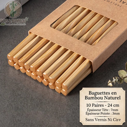 Boite kraft baguettes bambou spirale 10 paires label dimensions 24cm tete 7mm pointe 3mm eucalyptus - Bois et Bambou Eco