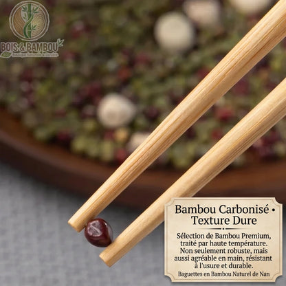 Vue macro baguettes bambou spirale au-dessus bol graines label bambou carbonise texture dure - Bois et Bambou Eco
