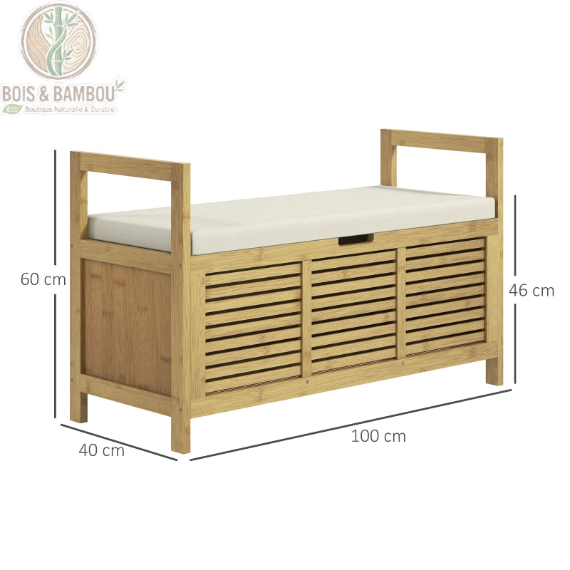 Banc a chaussures en bambou avec coffre de rangement dimensions. Infographie montrant une longueur de 100 cm, une profondeur de 40 cm, une hauteur d'assise de 46 cm et une hauteur totale de 60 cm.