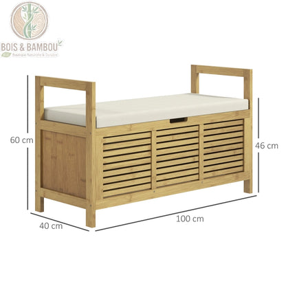 Banc a chaussures en bambou avec coffre de rangement dimensions. Infographie montrant une longueur de 100 cm, une profondeur de 40 cm, une hauteur d'assise de 46 cm et une hauteur totale de 60 cm.